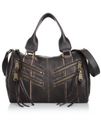 A ladylike silhouette gets an edgy upgrade with this urban-cool design from Mark New York. Distressed leather is paired with zip pockets and tassel pulls, while the spacious interior carries all your it-girl essentials. A ladylike silhouette gets an edgy upgrade with this urban-cool design from Mark New York. Distressed leather is paired with zip pockets and tassel pulls, while the spacious interior carries all your it-girl essentials.