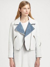 Denim trim softens this edgy leather motorcycle jacket. Denim-trim notched collarSnap closures; front zipperLong denim-trim sleevesZippered cuffsZippered slash pocketsAbout 19 from shoulder to hemBody: LeatherTrim: Viscose/cottonDry clean with leather specialistImportedSIZE & FITModel shown is 5'10 (177cm) wearing US size Small. Denim trim softens this edgy leather motorcycle jacket. Denim-trim notched collarSnap closures; front zipperLong denim-trim sleevesZippered cuffsZippered slash pocketsAbout 19 from shoulder to hemBody: LeatherTrim: Viscose/cottonDry clean with leather specialistImportedSIZE & FITModel shown is 5'10 (177cm) wearing US size Small.
