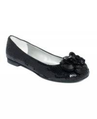 Pretty florals. Adrienne Vittadini's Seana ballet flats feature a sequin and fabric upper with a flower detail on the vamp. Pretty florals. Adrienne Vittadini's Seana ballet flats feature a sequin and fabric upper with a flower detail on the vamp.