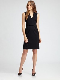 Sleek and sophisticated, this dress features a feminine, v-neckline, flattering bust and waist darts and a belt for an incredible silhouette.V-necklineSleevelessBust and waist dartsBelted designConcealed back zipperAbout 24 from natural waist70% viscose/25% nylon/5% spandexDry cleanImported Model shown is 5'10 (177cm) wearing US size 4. Sleek and sophisticated, this dress features a feminine, v-neckline, flattering bust and waist darts and a belt for an incredible silhouette.V-necklineSleevelessBust and waist dartsBelted designConcealed back zipperAbout 24 from natural waist70% viscose/25% nylon/5% spandexDry cleanImported Model shown is 5'10 (177cm) wearing US size 4.