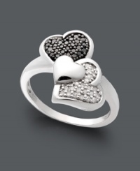 This Treasured Hearts style puts a modern twist on the iconic heart symbol. Three, overlapping hearts shine with the addition of round-cut black diamonds (1/6 ct. t.w.) and white diamonds (1/10 ct. t.w.). Crafted in sterling silver. Size 7. This Treasured Hearts style puts a modern twist on the iconic heart symbol. Three, overlapping hearts shine with the addition of round-cut black diamonds (1/6 ct. t.w.) and white diamonds (1/10 ct. t.w.). Crafted in sterling silver. Size 7.