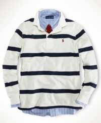 Smooth on the outside with a soft, fuzzy interior, our classic long-sleeved rugby is cut for a trim, modern fit from cotton fleece. Smooth on the outside with a soft, fuzzy interior, our classic long-sleeved rugby is cut for a trim, modern fit from cotton fleece.