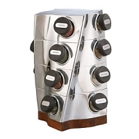 A smoothly rotating design makes selecting a seasoning effortless. Bottles of spices are setinto the gleaming metal alloy body of the spice rack on a diagonal, and a sturdy base of smoothacacia wood anchors the look. A smoothly rotating design makes selecting a seasoning effortless. Bottles of spices are setinto the gleaming metal alloy body of the spice rack on a diagonal, and a sturdy base of smoothacacia wood anchors the look.