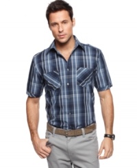 Classic plaid gets casual. This checkered plaid shirt from Alfani toes the line of laid-back and dressed-up, depending how you pair it. Classic plaid gets casual. This checkered plaid shirt from Alfani toes the line of laid-back and dressed-up, depending how you pair it.