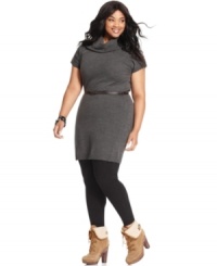 Link up your leggings with Pink Rose's short sleeve plus size tunic sweater, accented by a belted waist-- it's a must-get for the season! Link up your leggings with Pink Rose's short sleeve plus size tunic sweater, accented by a belted waist-- it's a must-get for the season!