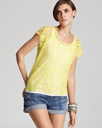 Feminine and bright, this Patterson J. Kincaid tee flaunts romantic lace offset by an eye-popping neon hue. Feminine and bright, this Patterson J. Kincaid tee flaunts romantic lace offset by an eye-popping neon hue.
