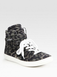 Sporty, suede high top sneaker updated by a leopard print, Velcro® strap and lace-up front. Rubber platform, 1 (25mm)Leopard-print suede upperLeather liningRubber solePadded insoleMade in PortugalOUR FIT MODEL RECOMMENDS ordering true whole size; ½ sizes should order the next whole size down. Sporty, suede high top sneaker updated by a leopard print, Velcro® strap and lace-up front. Rubber platform, 1 (25mm)Leopard-print suede upperLeather liningRubber solePadded insoleMade in PortugalOUR FIT MODEL RECOMMENDS ordering true whole size; ½ sizes should order the next whole size down.