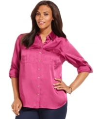 Charter Club's roll-tab sleeve plus shirt is a versatile addition to your wardrobe-- dress it up with trousers or down with denim. (Clearance) Charter Club's roll-tab sleeve plus shirt is a versatile addition to your wardrobe-- dress it up with trousers or down with denim. (Clearance)