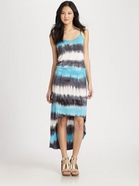 Lengthy scoopneck in a hippie-chic tie-dyed print with a hi-low hem, scoopback and dainty spaghetti straps. ScoopneckSpaghetti strapsElasticized drop waistHi-low hemScoopbackAbout 20 from natural waist96% modal/4% spandexHand washMade in USAModel shown is 5'10 (177cm) wearing US size Small. Lengthy scoopneck in a hippie-chic tie-dyed print with a hi-low hem, scoopback and dainty spaghetti straps. ScoopneckSpaghetti strapsElasticized drop waistHi-low hemScoopbackAbout 20 from natural waist96% modal/4% spandexHand washMade in USAModel shown is 5'10 (177cm) wearing US size Small.