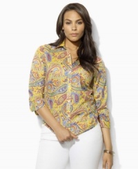 A vibrantly hued plus size floral shirt is crafted from soft cotton sateen and finished with three-quarter sleeves and chic fold-back cuffs for a bold, tailored look from Lauren by Ralph Lauren. A vibrantly hued plus size floral shirt is crafted from soft cotton sateen and finished with three-quarter sleeves and chic fold-back cuffs for a bold, tailored look from Lauren by Ralph Lauren.