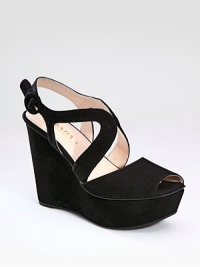 Suede peep-toe design with cutout details and a covered buckle on the side.Self-covered wedge heel, 4½ (115mm) Covered platform, 1½ (40mm) Compare to a 3 heel (75mm) Peep toe Adjustable ankle strap Suede-covered buckle Leather lining Padded insole Rubber sole Made in ItalyOUR FIT MODEL RECOMMENDS ordering one half size up as this style runs small. Suede peep-toe design with cutout details and a covered buckle on the side.Self-covered wedge heel, 4½ (115mm) Covered platform, 1½ (40mm) Compare to a 3 heel (75mm) Peep toe Adjustable ankle strap Suede-covered buckle Leather lining Padded insole Rubber sole Made in ItalyOUR FIT MODEL RECOMMENDS ordering one half size up as this style runs small.