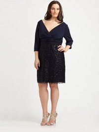 Wrapped in style, a matte jersey design with a flattering v-neck top, waist-flattering gathered details and a gorgeous sequin skirt.V-neckThree-quarter sleevesGathered waistSequin skirtBack zipperFully linedAbout 24 from natural waist70% rayon/30% polyesterDry cleanImported Wrapped in style, a matte jersey design with a flattering v-neck top, waist-flattering gathered details and a gorgeous sequin skirt.V-neckThree-quarter sleevesGathered waistSequin skirtBack zipperFully linedAbout 24 from natural waist70% rayon/30% polyesterDry cleanImported