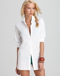 Tommy Bahama puts a tropical twist on the classic button-down, designing it in a breezy silhouette. This sheer shirt perfects a boy-borrowed beach look. Tommy Bahama puts a tropical twist on the classic button-down, designing it in a breezy silhouette. This sheer shirt perfects a boy-borrowed beach look.