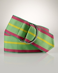 A vibrant neon-striped grosgrain ribbon belt is crafted in a chic ultra-wide silhouette with burnished double D-rings for a chic, preppy finish A vibrant neon-striped grosgrain ribbon belt is crafted in a chic ultra-wide silhouette with burnished double D-rings for a chic, preppy finish