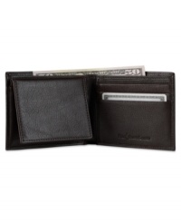 Soft and smooth in a burnished leather construction, this handsome wallet provides slim transport for the daily necessities. Soft and smooth in a burnished leather construction, this handsome wallet provides slim transport for the daily necessities.