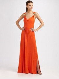 Grecian-inspired cowlneck dress has gathered straps, a front slit and an ultra low scoopback. CowlneckGathered strapsFront slitScoopbackBack self tieAbout 43 from natural waist96% viscose/4% elastaneDry cleanMade in USA of Italian fabricModel shown is 5'10 (177cm) wearing US size Small. Grecian-inspired cowlneck dress has gathered straps, a front slit and an ultra low scoopback. CowlneckGathered strapsFront slitScoopbackBack self tieAbout 43 from natural waist96% viscose/4% elastaneDry cleanMade in USA of Italian fabricModel shown is 5'10 (177cm) wearing US size Small.