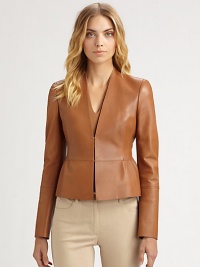 Supple leather, tailored in a sleek, refined silhouette.V necklineFront hook-and-eye closuresFlared peplumPanel constructionFully linedAbout 21 from shoulder to hemLeatherDry cleanImported of French fabricModel shown is 5'10 (177cm) wearing US size 4. Supple leather, tailored in a sleek, refined silhouette.V necklineFront hook-and-eye closuresFlared peplumPanel constructionFully linedAbout 21 from shoulder to hemLeatherDry cleanImported of French fabricModel shown is 5'10 (177cm) wearing US size 4.