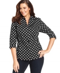 Look darling in polka-dots with Jones New York Signature's three-quarter-sleeve plus size shirt-- it's an Everyday Value! Look darling in polka-dots with Jones New York Signature's three-quarter-sleeve plus size shirt-- it's an Everyday Value!