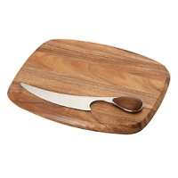The knife's almond-shaped handle is easy to grasp and interesting to look at. It rests in a matching hollow in the cheese board. Board crafted of wood; knife crafted of wood and stainless steel. The knife's almond-shaped handle is easy to grasp and interesting to look at. It rests in a matching hollow in the cheese board. Board crafted of wood; knife crafted of wood and stainless steel.
