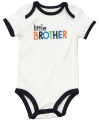 Make it apparent he know his place and loves it with this fun familial bodysuit from Carter's. Make it apparent he know his place and loves it with this fun familial bodysuit from Carter's.