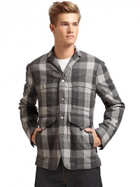THE LOOKPlaid pattern throughout Stand collar converts to notched lapel Snap front with concealed zip Four snap pockets at front Long sleeves with snap cuffs Snap closures at back slitsTHE MATERIALShell: 50% wool/30% polyester/20% viscose Filling: polyester Fully linedCARE & ORIGINDry clean Imported THE LOOKPlaid pattern throughout Stand collar converts to notched lapel Snap front with concealed zip Four snap pockets at front Long sleeves with snap cuffs Snap closures at back slitsTHE MATERIALShell: 50% wool/30% polyester/20% viscose Filling: polyester Fully linedCARE & ORIGINDry clean Imported