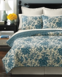 Call of nature. Lush foliage in a soothing blue colorway sits upon a luxurious quilted landscape in this Woodland Toile quilt from Martha Stewart Collection for a stylish look in the bedroom. Reverses to a handsome stripe pattern. Call of nature. Lush foliage in a soothing blue colorway sits upon a luxurious quilted landscape in this Woodland Toile quilt from Martha Stewart Collection for a stylish look in the bedroom. Reverses to a handsome stripe pattern.