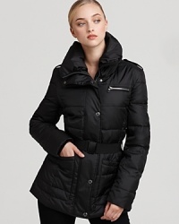 A decadent down Marc New York jacket boasts this season's latest utility details--think epaulets, patch pockets and a seatbelt-inspired, elastic belt--for a weekend-ready look, while a pillow collar lends the touch of plush you crave through the winter. A decadent down Marc New York jacket boasts this season's latest utility details--think epaulets, patch pockets and a seatbelt-inspired, elastic belt--for a weekend-ready look, while a pillow collar lends the touch of plush you crave through the winter.