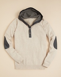 A casual collegiate look for your little man, Sovereign Code updates a classic knit sweater with a henley-style placket and attached hood. A casual collegiate look for your little man, Sovereign Code updates a classic knit sweater with a henley-style placket and attached hood.