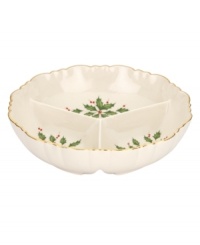 What finer things can there be than this? Part of an exquisite line of china, this holiday divided server is detailed with a 24K gold trim. From Lenox's collection of serveware and serving dishes. What finer things can there be than this? Part of an exquisite line of china, this holiday divided server is detailed with a 24K gold trim. From Lenox's collection of serveware and serving dishes.