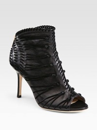 Elaborate suede stitching and an exposed back zipper embolden this leather peep toe ankle boot. Stacked heel, 3½ (90mm)Leather and suede upperBack zipperPeep toeLeather lining and solePadded insoleMade in Italy Elaborate suede stitching and an exposed back zipper embolden this leather peep toe ankle boot. Stacked heel, 3½ (90mm)Leather and suede upperBack zipperPeep toeLeather lining and solePadded insoleMade in Italy