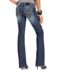 Rhinestone and studded embroidered crosses add eye-catching appeal to these Miss Me bootcut jeans -- perfect for everyday glam! Rhinestone and studded embroidered crosses add eye-catching appeal to these Miss Me bootcut jeans -- perfect for everyday glam!
