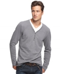 Ask the right questions. This y neck shirt from INC International Concepts has all the answers you need for your denim look. Ask the right questions. This y neck shirt from INC International Concepts has all the answers you need for your denim look.