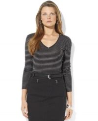 Lauren Ralph Lauren's sweet and simple metallic-stripe petite shirt in cotton jersey embodies feminine charm with a V-neckline and LRL-engraved buttons at the shoulder. Lauren Ralph Lauren's sweet and simple metallic-stripe petite shirt in cotton jersey embodies feminine charm with a V-neckline and LRL-engraved buttons at the shoulder.