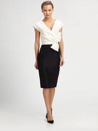 This impeccably tailored silk faille design gives the clever illusion of perfectly paired separates.Surplice necklineCap sleevesSash tie belt with back buttonsBack ventConcealed back zipSilk liningAbout 27 from natural waistSilkDry cleanMade in USA of imported fabricModel shown is 5'10½ (177cm) wearing US size 4. This impeccably tailored silk faille design gives the clever illusion of perfectly paired separates.Surplice necklineCap sleevesSash tie belt with back buttonsBack ventConcealed back zipSilk liningAbout 27 from natural waistSilkDry cleanMade in USA of imported fabricModel shown is 5'10½ (177cm) wearing US size 4.