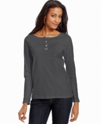 Charter Club elevates the classic henley top with goldtone buttons and a chic ring detail. Pair it with slim jeans for a polished weekend look. Charter Club elevates the classic henley top with goldtone buttons and a chic ring detail. Pair it with slim jeans for a polished weekend look.