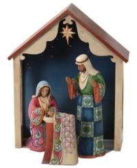 Capturing the tranquility and unbelievable wonder of the manger scene, this nativity adds new colors and brilliant designs to Mary, Joseph and baby Jesus' garments. The quaint stable is set against the dark of night and prominently displays the captivating star. Capturing the tranquility and unbelievable wonder of the manger scene, this nativity adds new colors and brilliant designs to Mary, Joseph and baby Jesus' garments. The quaint stable is set against the dark of night and prominently displays the captivating star.
