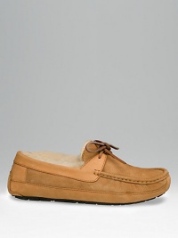 The ultimate in cozy comfort for wearing around the house or to take with you when traveling. Moccasin stitching Leather ties Sheepskin sock liner for extra warmth Molded rubber indoor/outdoor sole Imported The ultimate in cozy comfort for wearing around the house or to take with you when traveling. Moccasin stitching Leather ties Sheepskin sock liner for extra warmth Molded rubber indoor/outdoor sole Imported