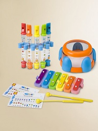 Bring music to the tub with this playful set featuring three water-ready instruments.Five water flutesWater drumFloating xylophone with two malletsSuitable for ages 3 and upImported Bring music to the tub with this playful set featuring three water-ready instruments.Five water flutesWater drumFloating xylophone with two malletsSuitable for ages 3 and upImported