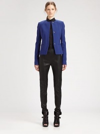 Sleek and minimal, this modern design features is defined by precise topstitching and a three-snap front.Round necklineSnap frontLong sleevesWelt pocketsButton cuffsAbout 24 from shoulder to hem34% viscose/34% nylon/24% wool/8% elastaneDry cleanMade in Italy of imported fabricModel shown is 5'11 (180cm) wearing US size 4. Sleek and minimal, this modern design features is defined by precise topstitching and a three-snap front.Round necklineSnap frontLong sleevesWelt pocketsButton cuffsAbout 24 from shoulder to hem34% viscose/34% nylon/24% wool/8% elastaneDry cleanMade in Italy of imported fabricModel shown is 5'11 (180cm) wearing US size 4.