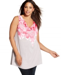 A refreshing floral print illuminates INC's sleeveless plus size top for a season-perfect look. A refreshing floral print illuminates INC's sleeveless plus size top for a season-perfect look.