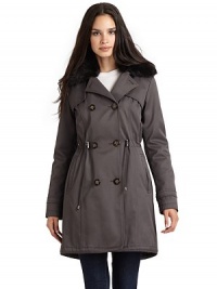 THE LOOKTailored from a water-resistant coated cotton/nylon blendZip-off hood with faux fur liningNotched collar with removable faux fur trim Double-breasted button frontChest gun flapsDual front welt pocketsDrawstring waistLong sleeves with belted snap cuffsCenter back vent with drawstringZip-out faux fur liningTHE FITAbout 33 from shoulder to hemTHE MATERIALShell: cotton/nylonFaux fur trim: acrylic/modacrylic/polyesterLining: THE LOOKTailored from a water-resistant coated cotton/nylon blendZip-off hood with faux fur liningNotched collar with removable faux fur trim Double-breasted button frontChest gun flapsDual front welt pocketsDrawstring waistLong sleeves with belted snap cuffsCenter back vent with drawstringZip-out faux fur liningTHE FITAbout 33 from shoulder to hemTHE MATERIALShell: cotton/nylonFaux fur trim: acrylic/modacrylic/polyesterLining: