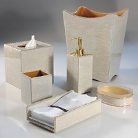 Elegant bathroom accessories for the formal home, hand-enameled with crystal and gold accents.