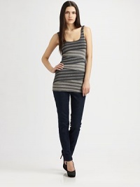 Striped stretch jersey wraps around the bodice in this sleek body-con tank.ScoopneckSleevelessPullover styleAbout 27 from shoulder to hem89% rayon/8% lurex/3% spandexDry cleanMade in USAModel shown is 5'9 (175cm) wearing US size Small. Striped stretch jersey wraps around the bodice in this sleek body-con tank.ScoopneckSleevelessPullover styleAbout 27 from shoulder to hem89% rayon/8% lurex/3% spandexDry cleanMade in USAModel shown is 5'9 (175cm) wearing US size Small.