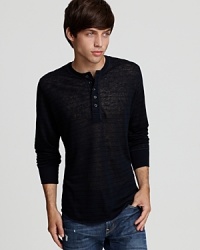 Tonal stripes and an extra-long 5 button placket adorn this crisp linen henley from The Tee By Joe's. Tonal stripes and an extra-long 5 button placket adorn this crisp linen henley from The Tee By Joe's.