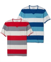 Bold stripes and a sleek v-neck cut give this INC International Concepts tee a modern look.