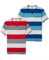 Bold stripes and a sleek v-neck cut give this INC International Concepts tee a modern look. Bold stripes and a sleek v-neck cut give this INC International Concepts tee a modern look.
