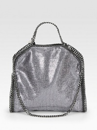 Faux leather details accent this textured metallic style with shiny link chain trim that follows the brand's vegetarian initiatives.Double chain top handles, 5 dropChain shoulder strap, 11 dropMagnetic snap closureOne inside zip pocketFully lined14W X 14½H X 3DMade in Italy Faux leather details accent this textured metallic style with shiny link chain trim that follows the brand's vegetarian initiatives.Double chain top handles, 5 dropChain shoulder strap, 11 dropMagnetic snap closureOne inside zip pocketFully lined14W X 14½H X 3DMade in Italy