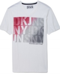 A cool colorful logo print decorate the front of this cozy DKNY v-neck tee. A cool colorful logo print decorate the front of this cozy DKNY v-neck tee.