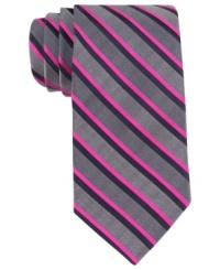 With a high-tech hue, this skinny tie from Calvin Klein is the perfect way to finish off your modern look. With a high-tech hue, this skinny tie from Calvin Klein is the perfect way to finish off your modern look.