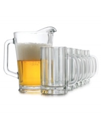 Beer mugs with a fluted texture and large handles add an air of sophistication to even the hardiest toasts. Provide prompt refills with the accompanying pitcher, which has a smooth surface and equally grand handle, and drink to the eco-conscious recycled glass. Beer mugs with a fluted texture and large handles add an air of sophistication to even the hardiest toasts. Provide prompt refills with the accompanying pitcher, which has a smooth surface and equally grand handle, and drink to the eco-conscious recycled glass.